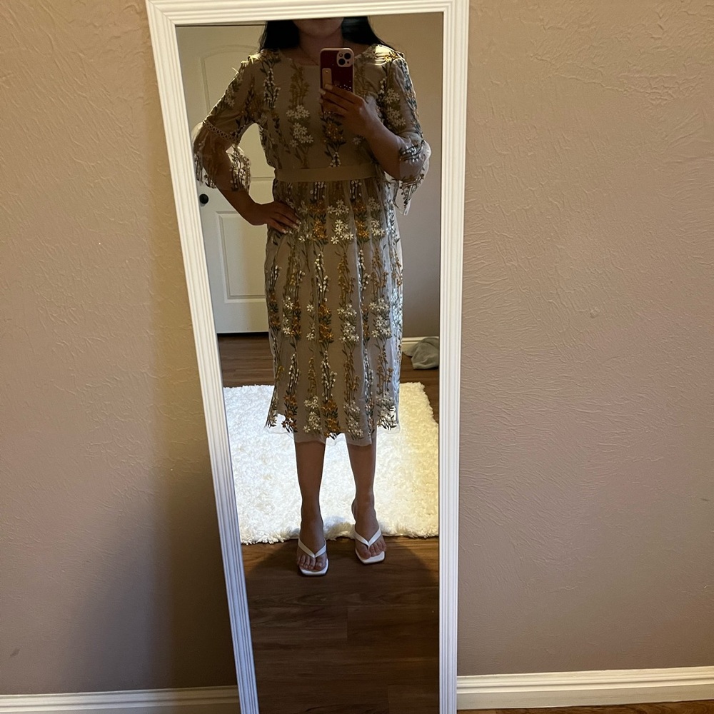Beige floral midi dress